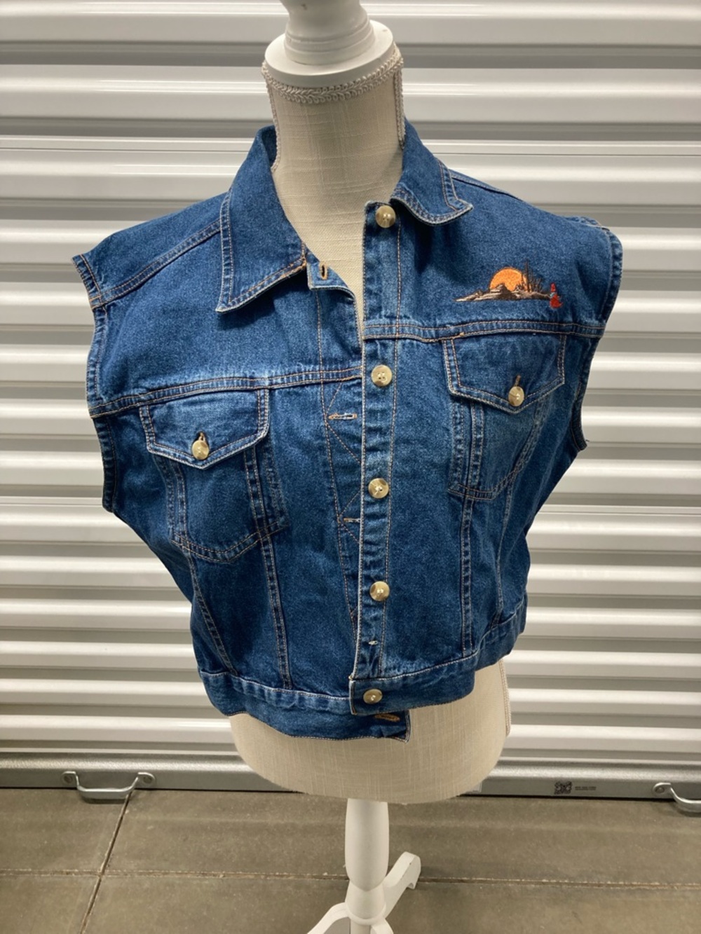 Sleeveless Dark Blue Denim Vest with Sunset Embroidery